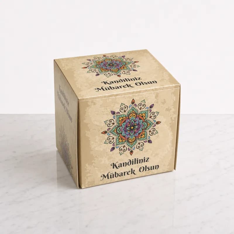 Kandil kutusu 8x8x8 cm, mandala desenli Kandiliniz Mübarek Olsun baskılı